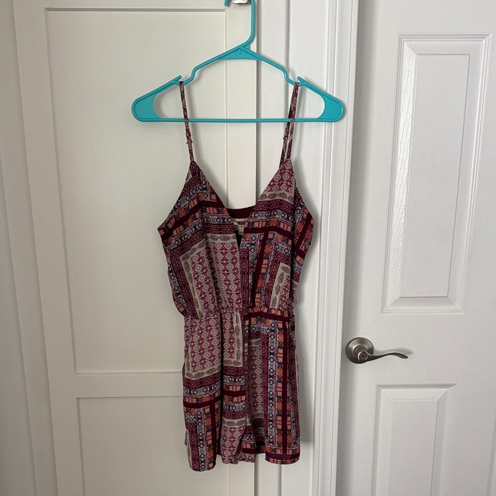 Everly Burgundy and Cream Bohemian Romper with pockets